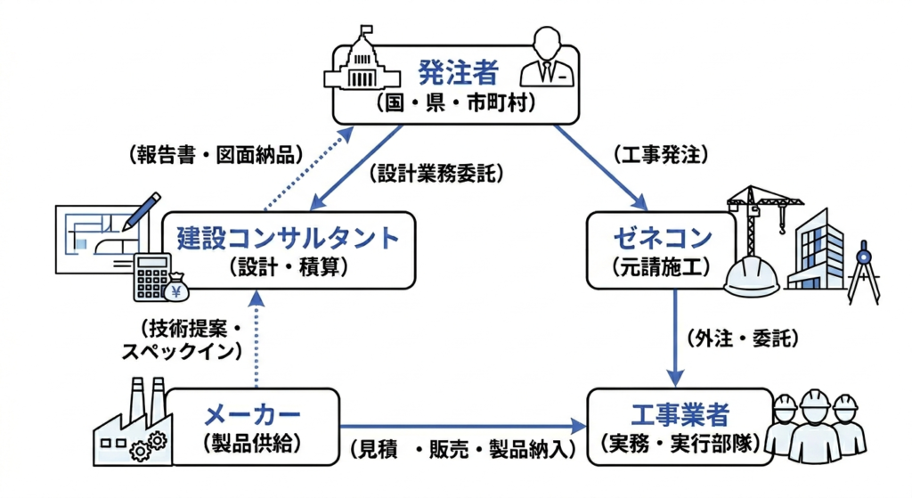 建設業界の仕組みを図解した相関図：5つの役者とお金・情報の流れ